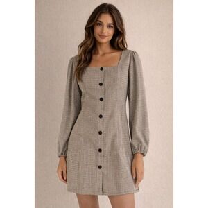 RIHOAS Houndstooth Button Front Mini Dress Women's Large Square Neck Cottagecore